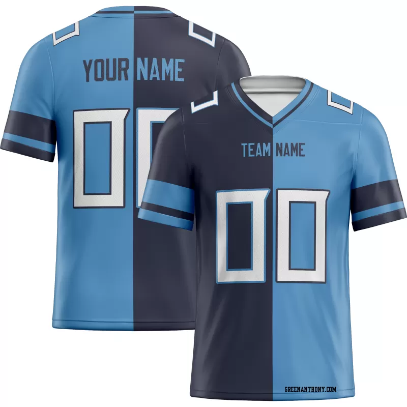Printed Customized Split Navy Light Blue White Football Jersey